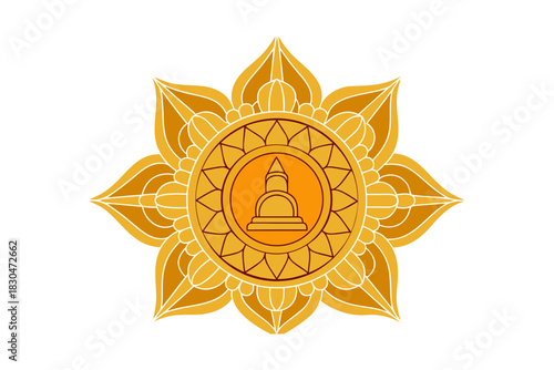 Intricate golden lotus flower mandala with a stylized stupa in the center symbolizing spirituality enlightenment and buddhist tradition against a stark black background
