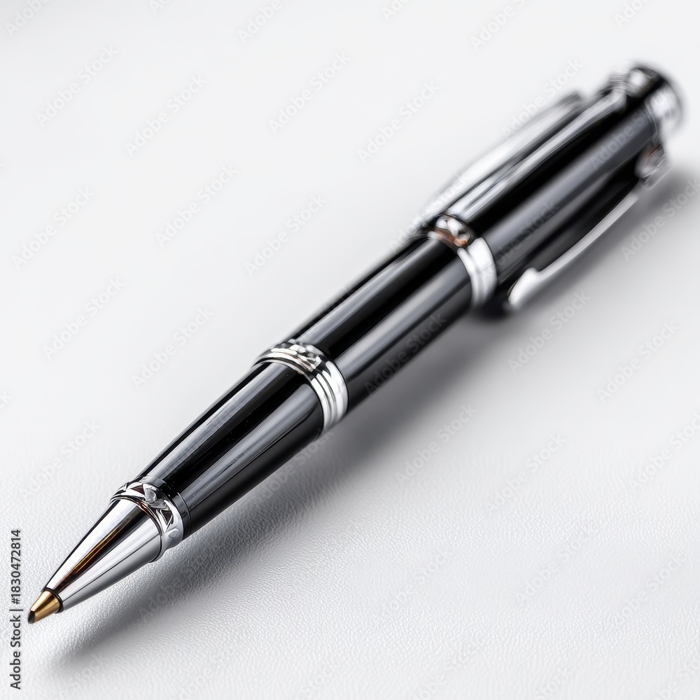 Fototapeta premium Elegant Black and Silver Pen on White Textured Background, Close-up