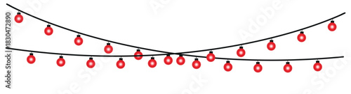 Two strands of red christmas lights hanging against a white background in a simple vector illustration , glowing holiday lights garland bulbs, twinkling fairy lights glow