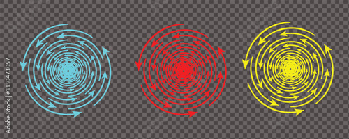 Illustration of three colorful spiral patterns with arrows on a gray grid background design