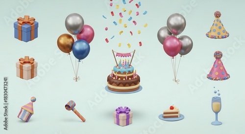 Celebrate special moments with festive party elements, including a tiered cake, colorful balloons, gifts, confetti, and party hats for joyful occasions