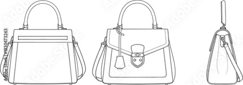 Women's Top Handle Bag Technical Drawing: Front, Back, Side Views, Fashion Flat Sketch for Elegant, Luxury, Modern Accessory Design Blueprint.