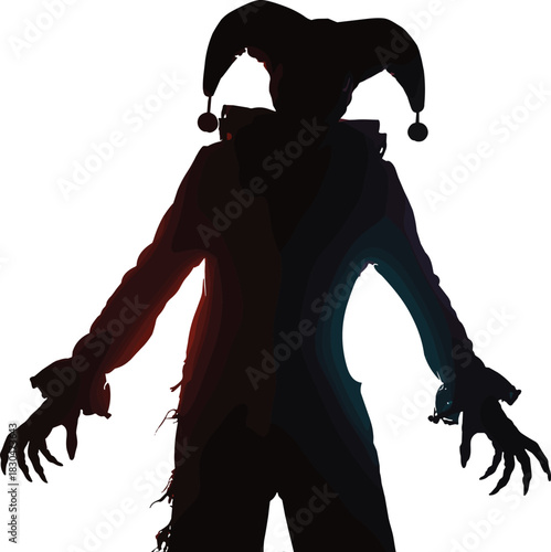inister jester silhouette, glowing eyes, clawed hands, frayed coat, red blue lighting, horror fantasy character, eerie Halloween concept, stylized illustration