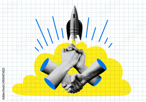 Startup launch. Deal closing. Handshake of halftone hands against backdrop of rocket taking off. Halftone hands clasped in a lock. Contemporary collage. Connection, business collaboration, teamwork