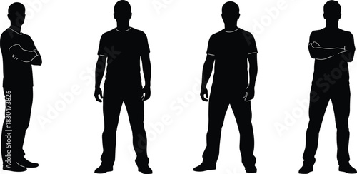 Men's Full Body Silhouettes Set: Various Confident Poses, Standing, Arms Crossed, Casual Attire, Vector Graphics for Design Assets.