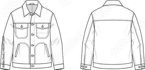 Classic Denim Jacket Technical Drawing: Front, Back Views, Fashion Flat Sketch for Men's, Women's Casual Outerwear, Modern Apparel Blueprint Design.
