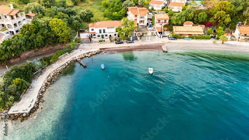Aerial Drone View of Skaloma Village and the Gulf of Corinth, Central Greece