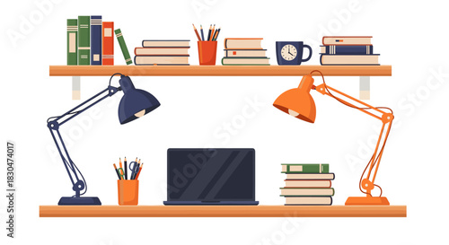 A Cozy and Well-Organized Home Study Desk with Shelves