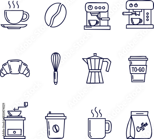 Modern coffee shop line art icons showcasing espresso machine, croissant, coffee bean, grinder and more for cafe or restaurant design project