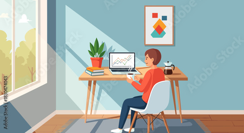 Young professional working remotely from home with laptop and coffee