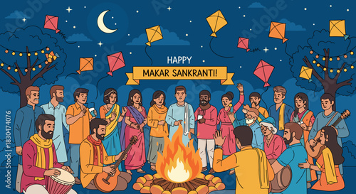 Joyful Makar Sankranti Gathering Under the Stars with Festive Kites