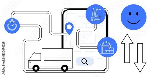 Logistics concept. Logistics with delivery trucks, navigation maps, and efficiency symbols. Logistics ensuring transportation flow and operational optimization. For supply chain, delivery apps