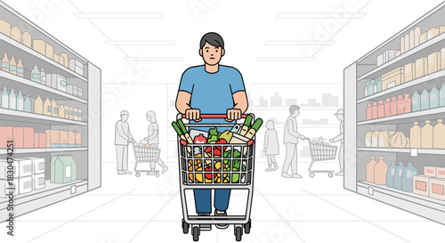Man pushes a loaded shopping cart through a busy grocery store aisle