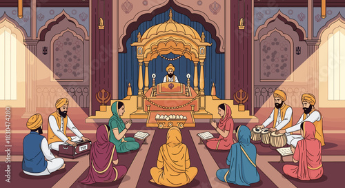 Sikh congregation gathers for spiritual devotion and communal prayer in a gurdwara