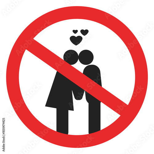 Isolated illustration of stick figures kissing and cuddling to sign prohibiting indecent acts in this area.