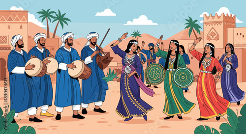 Traditional Moroccan Music and Dance Performance in a Desert Village