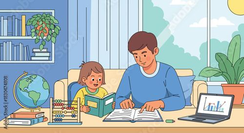 Adult and child exploring knowledge together in a home environment