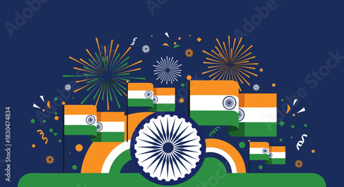 Vibrant Indian Flag Celebration with Fireworks and Patriotic Festivities