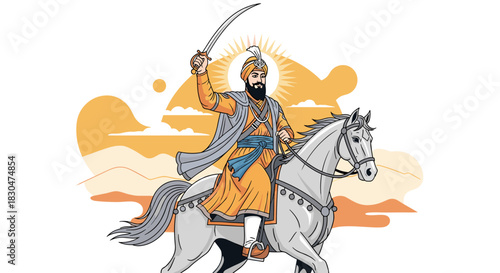 Dynamic illustration of a powerful Sikh warrior guru on a white horse