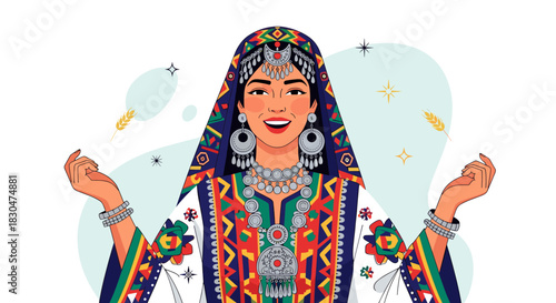 Joyful Woman Displaying Rich Cultural Heritage Through Traditional Dress and Adornments