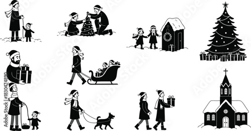 Black and white Christmas family illustration with parents, children, gifts, sleigh, dog walk, decorated tree, church, winter holiday design