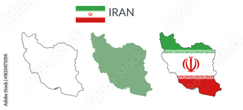 Iran geographical borders isolated on white background. Flag of Iran. Vector flat cliparts.