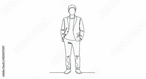 Continuous one line drawing of a full body standing man in a blazer isolated on white background