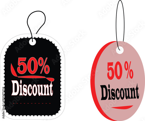 Illustration of two discount tags showcasing a 50% off offer