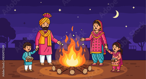 Punjabi family celebrates Lohri festival with a warm bonfire at night