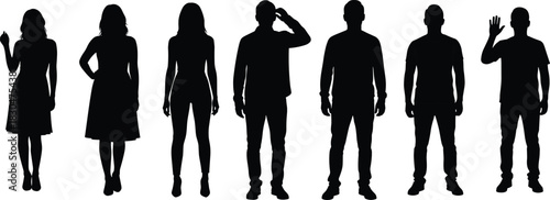 Set of Diverse People Silhouettes, Full Body Poses, Isolated Vector Collection of Men and Women, Standing Human Figures.