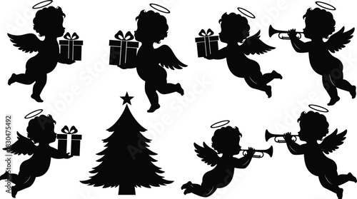 Christmas angel silhouettes holding gifts and playing trumpets with Christmas tree, festive winter holiday black vector illustration design