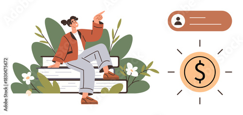 Woman seated on stacked books surrounded by plants points upward, accompanied by a dollar icon and user profile. Ideal for education, finance, learning, progress, success, growth career. Simple flat