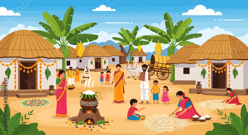 Joyful Festive Gathering in a Rural Indian Settlement with Traditional Huts