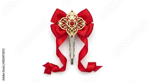 Elegant red satin ribbon bow hair clip with an ornate gold and jewel centerpiece, isolated on a clean white background