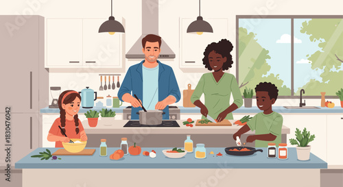 A happy diverse family enjoying cooking together in their bright kitchen