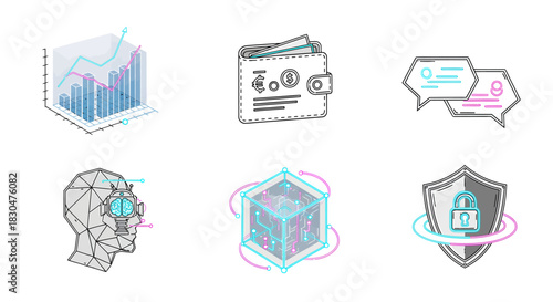 Set of futuristic icons for fintech and blockchain technology, including AI, data security, and digital wallet concepts for web and mobile apps