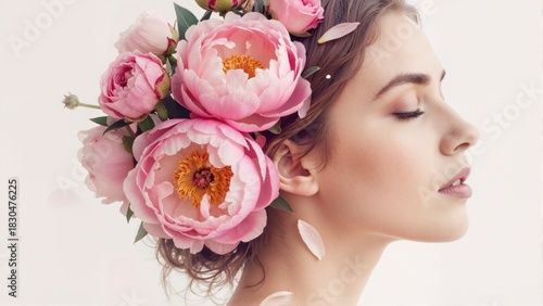 Beautiful Woman Profile Portrait with Pink Peony Flowers in Hair