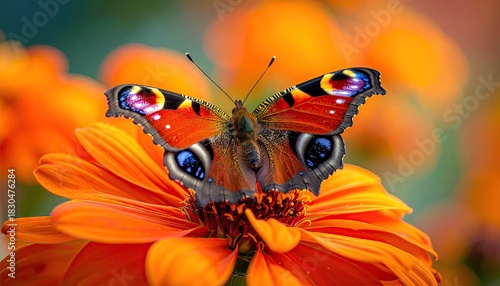 A Majestic Peacock Butterfly With Intricate Wing Patterns Lands Gently On A Vibrant Orange Zinnia Flower With Water Droplets Illuminated By Soft Daylight Creating A Serene And Beautiful Nature Scene