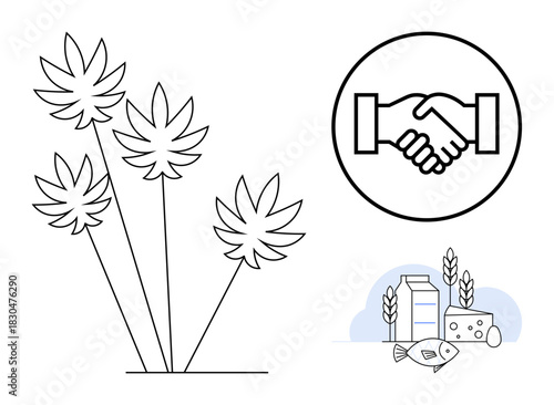 Sustainable agriculture. Elements include crops, handshake partnership, and dairy and fish foods. Sustainable agriculture promotes collaboration, ecosystem balance, and ethical food sourcing. Perfect