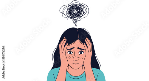 A young woman feeling overwhelmed and anxious, holding her head in distress with tangled thoughts above her.