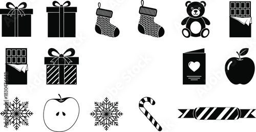 Christmas gift and holiday elements with stockings, chocolates, snowflakes, candy cane, teddy bear, apple, and greeting card vector