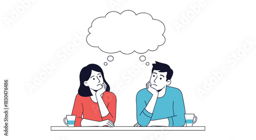 Thoughtful man and woman ponder together at a table, a blank thought bubble hovering above them symbolizing shared ideas or dilemmas.