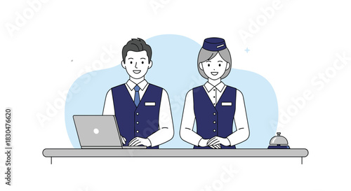 Two friendly hotel receptionists, a man and a woman, greet guests at the front desk with a laptop and service bell.