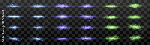 Blue, purple and green horizontal streaks glow with floating spark particles. Neon beams hover on a transparent background. Perfect for futuristic digital artwork. 