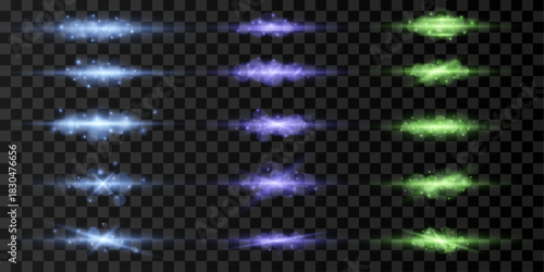 Indigo neon streaks pulse horizontally with radiant energy. Tiny sparkles float through soft glow. Laser light effect enhances modern illustration style. 