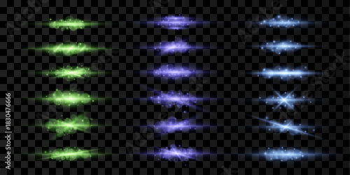 Horizontal colors light beams sparkle with smooth flare. Floating dust and particles shimmer around the glow. Perfect for magical digital highlights.