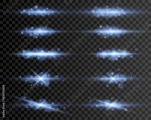 Soft blue horizontal lines glow with shimmering light. Tiny particles float along radiant edges. Laser flare effect enhances futuristic designs. 