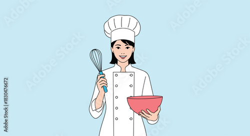 A cheerful Asian female chef in a white uniform and hat smiles while holding a whisk and a red mixing bowl, ready to prepare a delicious meal.