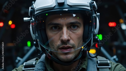 Close Up Portrait of Fighter Jet Pilot Wearing Helmet in Cockpit