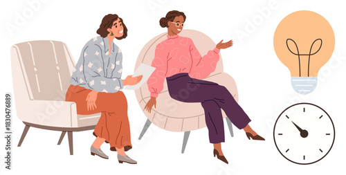 Two women in a casual discussion seated on chairs, exchanging ideas. Light bulb for creativity, clock for time management. Ideal for teamwork, brainstorming, innovation, collaboration, productivity